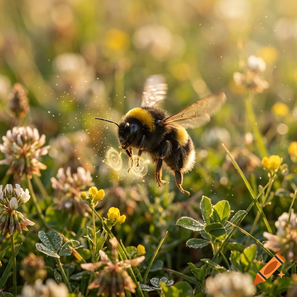 Photorealistic bumblebee flying above clover flowers in a sunny field, casting glowing magic spell circles.