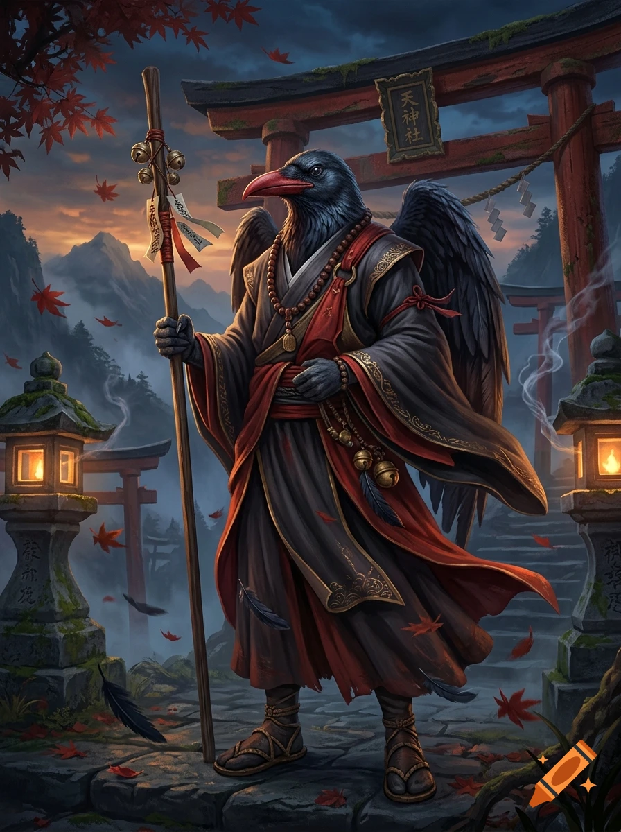 Digital painting of a Tengu bird monk holding a staff, standing in front of a traditional Japanese torii gate at sunset.