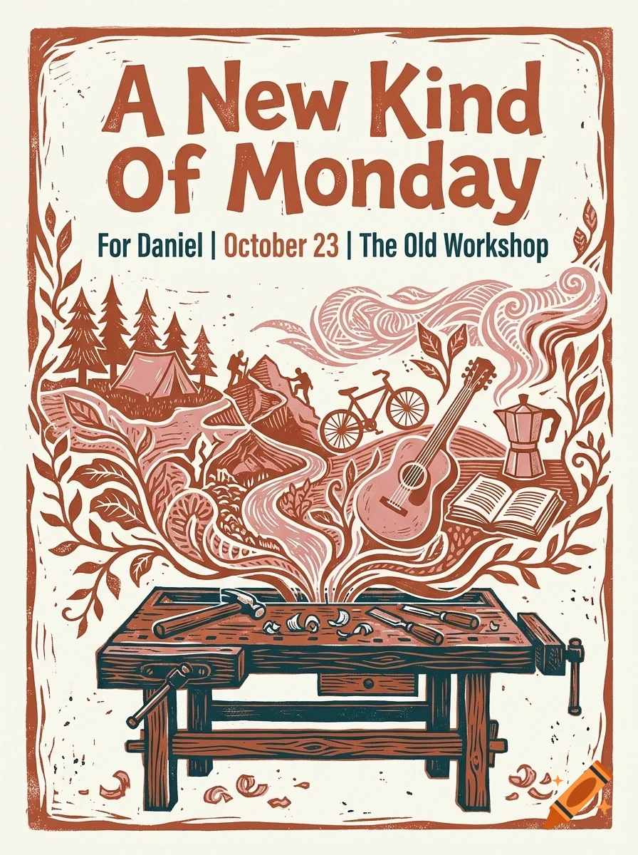 An illustrated poster depicting a workbench with tools, from which swirling imagery rises, including a tent, mountains, a bicycle, a guitar, and a coffee pot, accompanied by the text 'A New Kind Of Monday'.