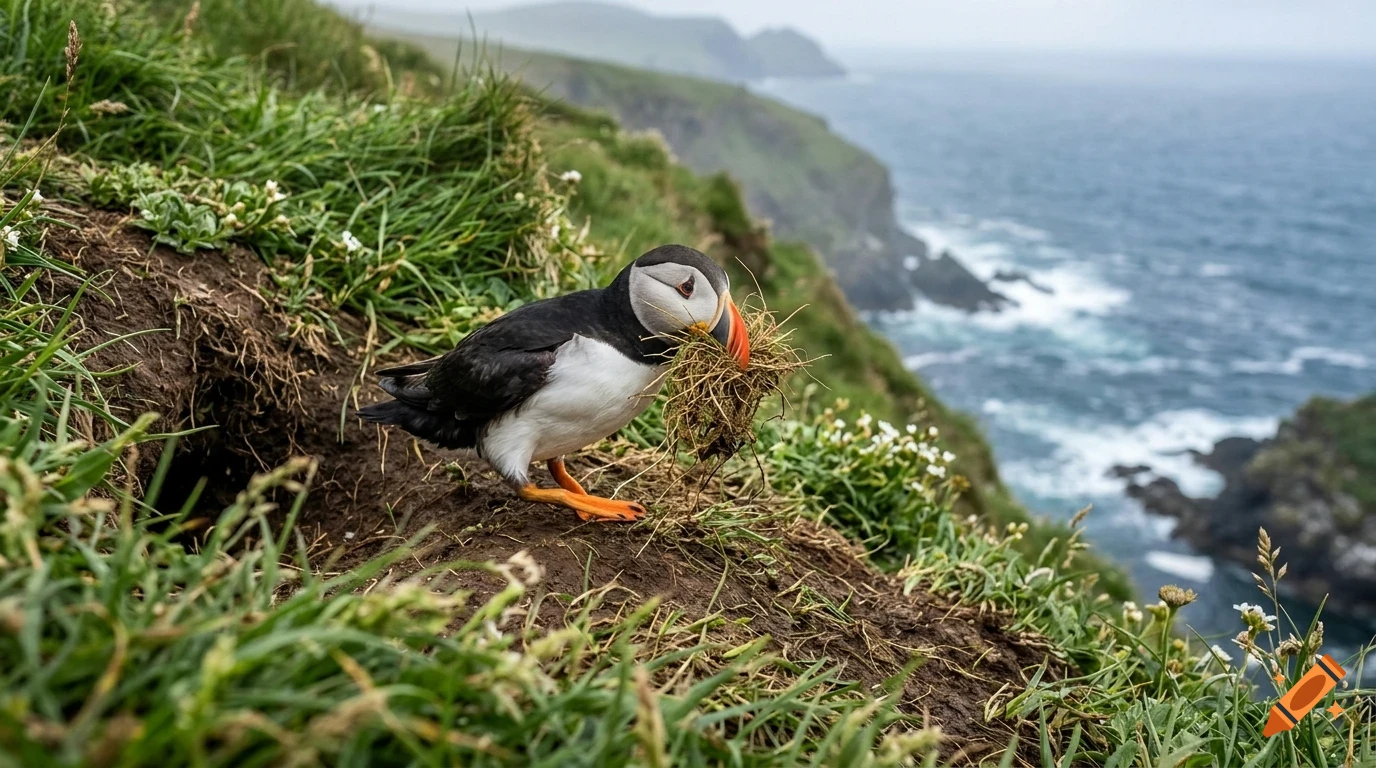 An Atlantic puffin holding nesting material in its beak on a grassy cliffside overlooking the ocean.