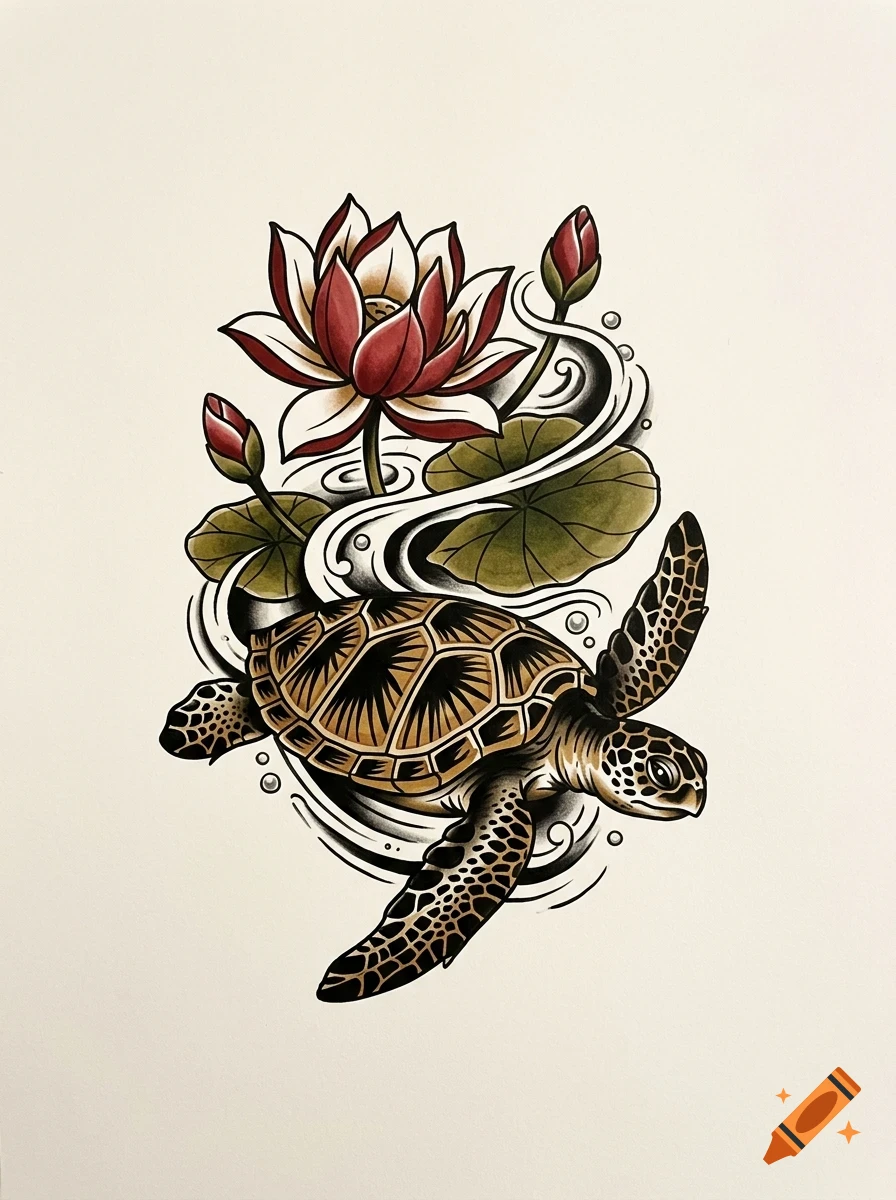 An illustrated sea turtle swimming beneath a lotus flower and lily pads in water.
