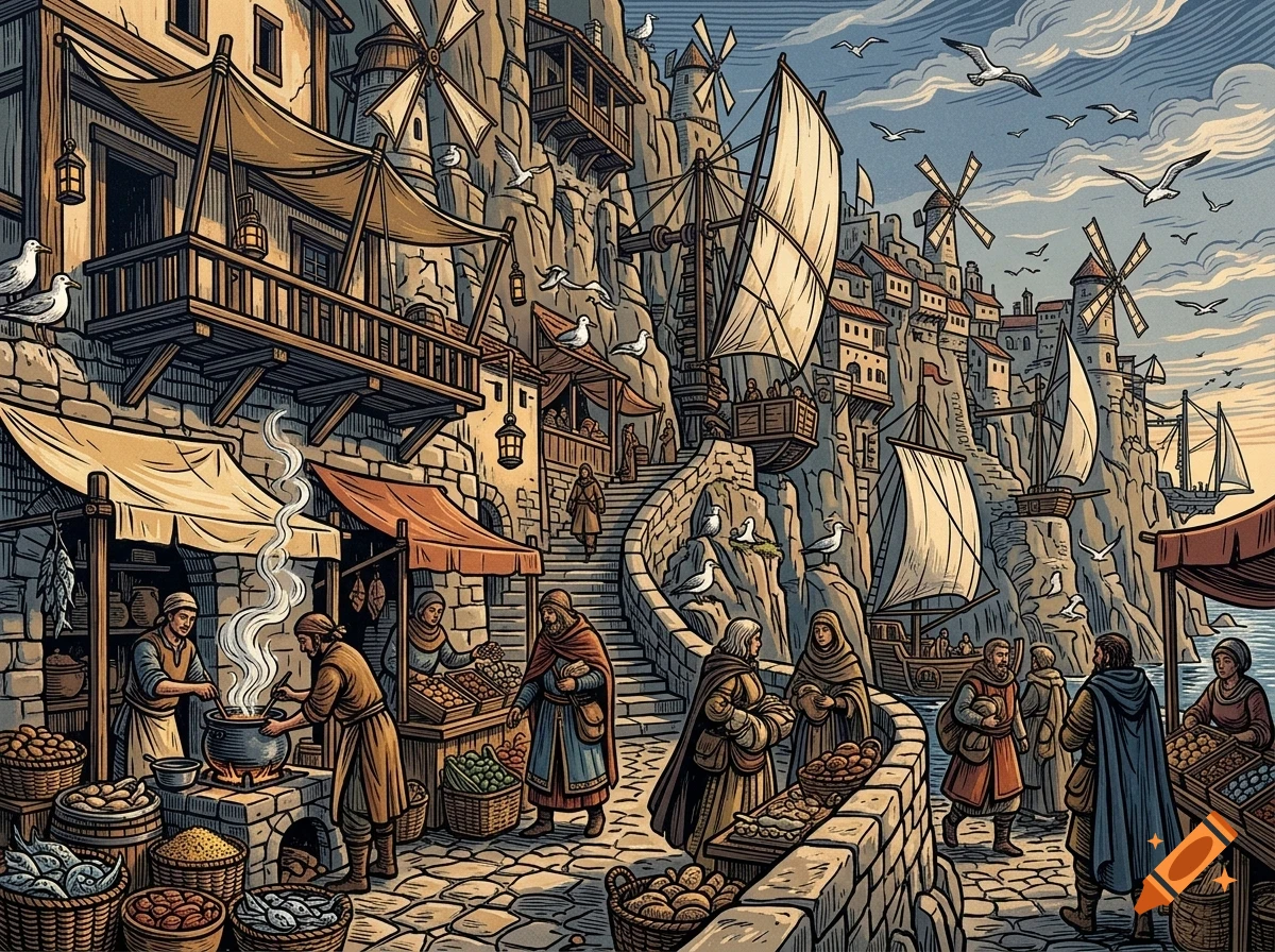 An illustrative coastal town built into rocky cliffs with a bustling marketplace, moored sailing ships, windmills, and seagulls flying overhead.