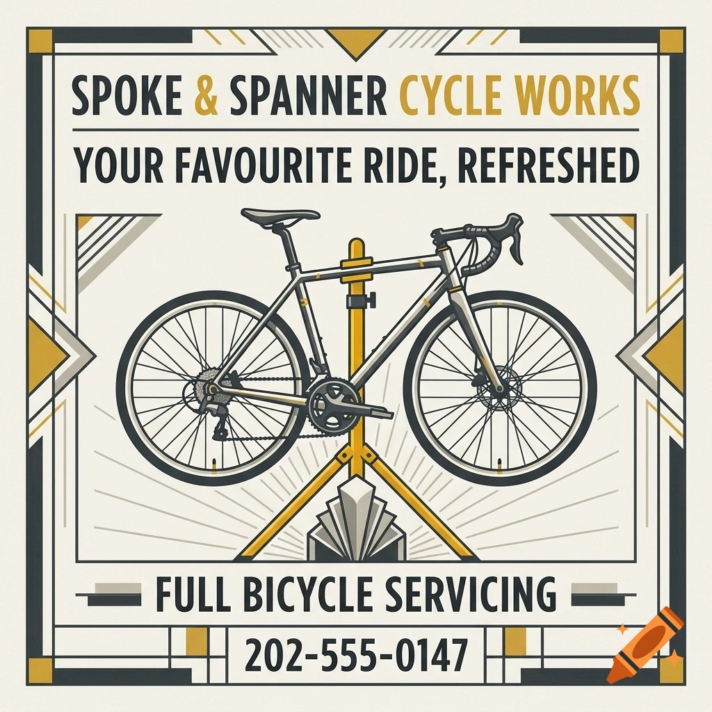An art deco style poster for a cycle works featuring a bicycle on a stand, geometric borders, and text reading SPOKE & SPANNER CYCLE WORKS.
