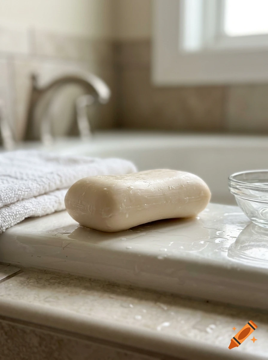Photorealistic image of a bar of soap with water droplets resting on a white surface in a bathroom.