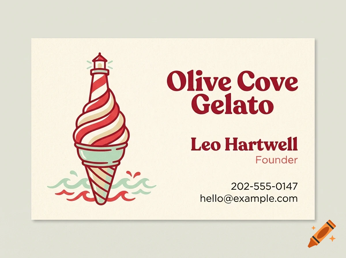 A business card for Olive Cove Gelato featuring an illustration of an ice cream cone shaped like a lighthouse above waves.