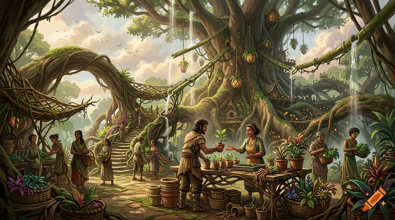 A bustling fantasy village built around and inside a massive ancient tree, with people selling plants and produce at wooden stalls.