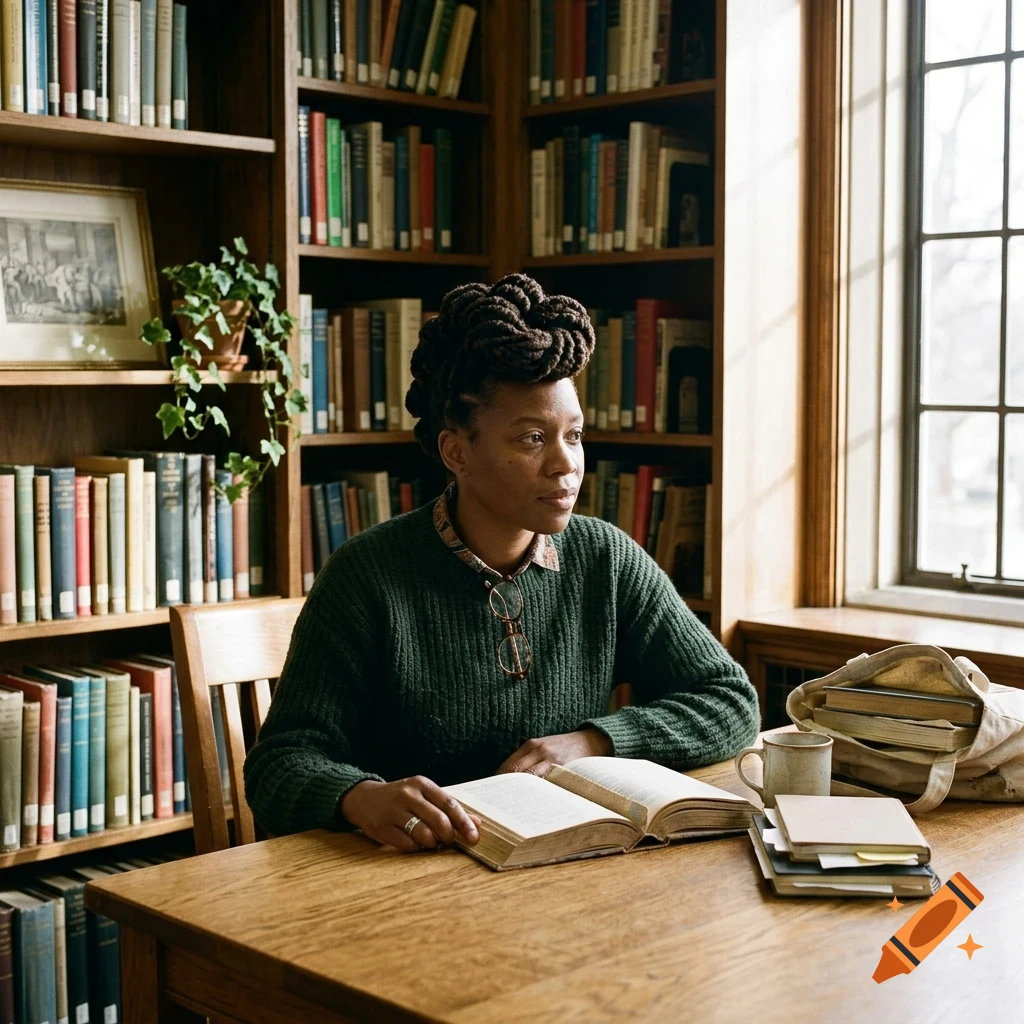 A woman sits at a wooden table in a library, reading an open book with bookshelves and a window in the background.