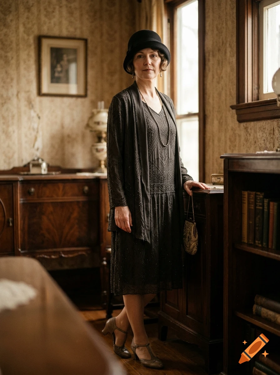 Photorealistic full-length portrait of a middle-aged woman in a 1920s flapper dress and cloche hat inside a vintage room.