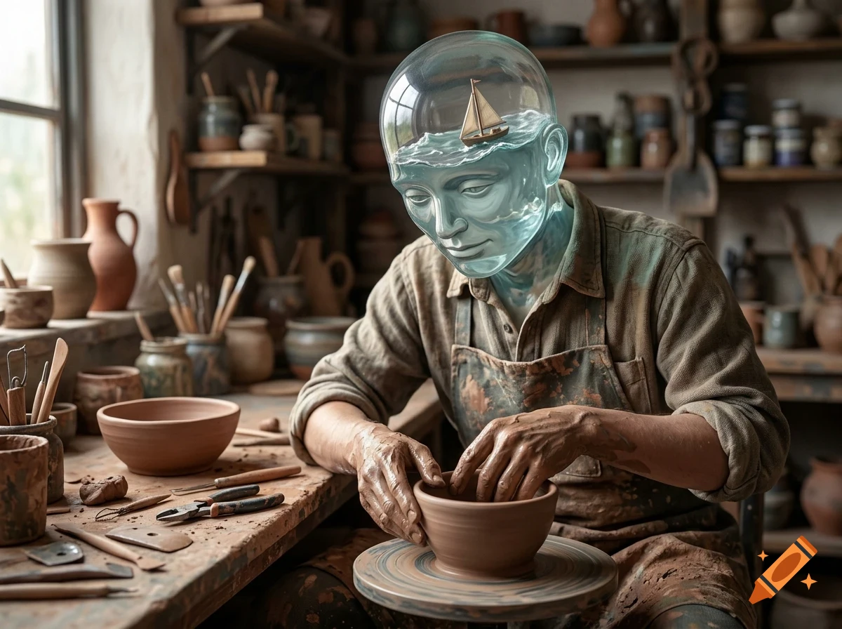 A surreal digital art piece of a potter with a transparent glass head filled with water and a tiny sailboat inside, shaping a clay pot in a workshop.