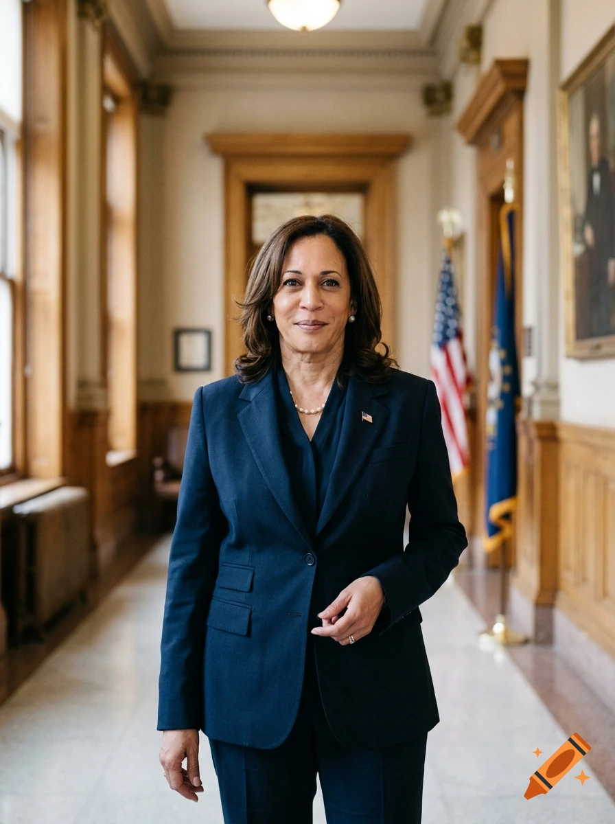 Photorealistic portrait of Kamala Harris standing in a wood-paneled hallway with American flags in the background.
