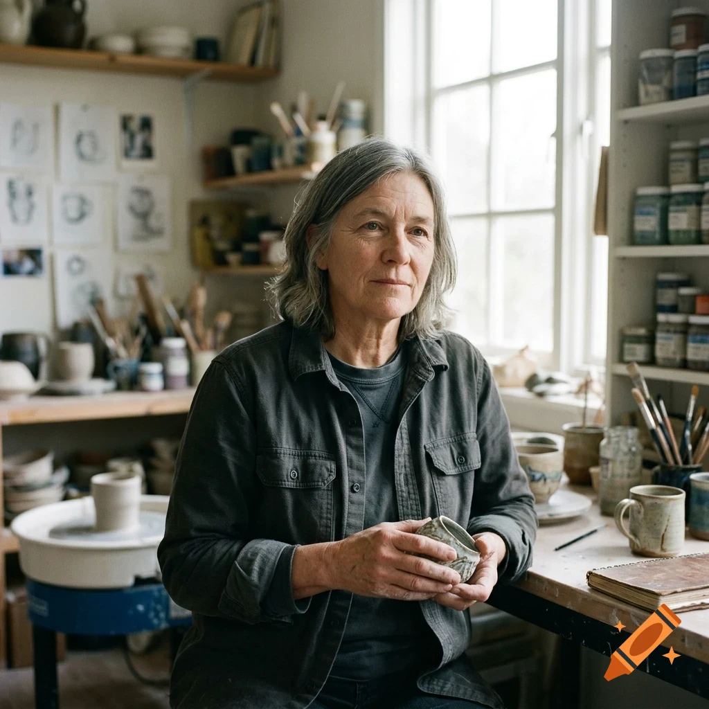 An older woman with gray hair holds a small ceramic cup in a pottery studio.