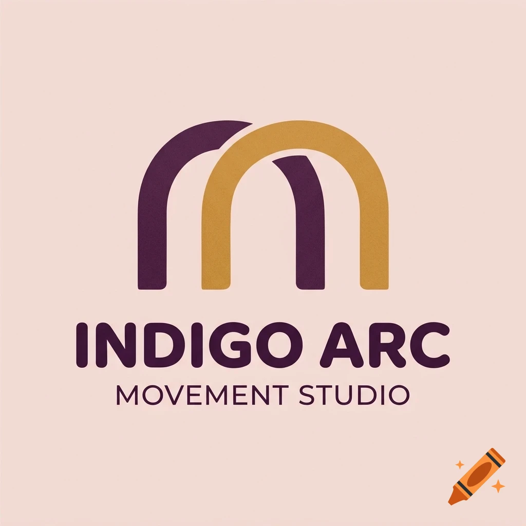 A minimalist logo featuring overlapping purple and gold arches above the text INDIGO ARC MOVEMENT STUDIO on a light pink background.