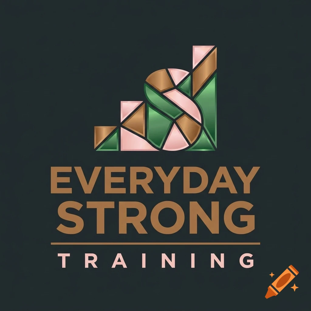 A logo with the text EVERYDAY STRONG TRAINING and a geometric icon in green, bronze, and pink on a dark background.