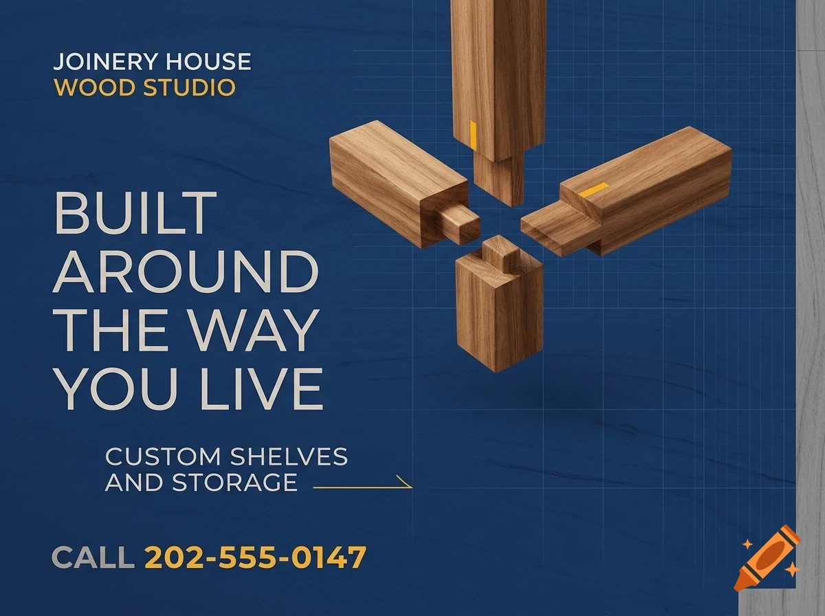 An advertisement for Joinery House Wood Studio featuring wooden joinery details on a blue background with text.