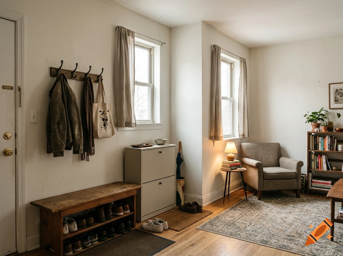 An interior shot of a brightly lit room with a wooden shoe bench, coat hooks on the wall, a cabinet, an armchair, and a bookshelf.