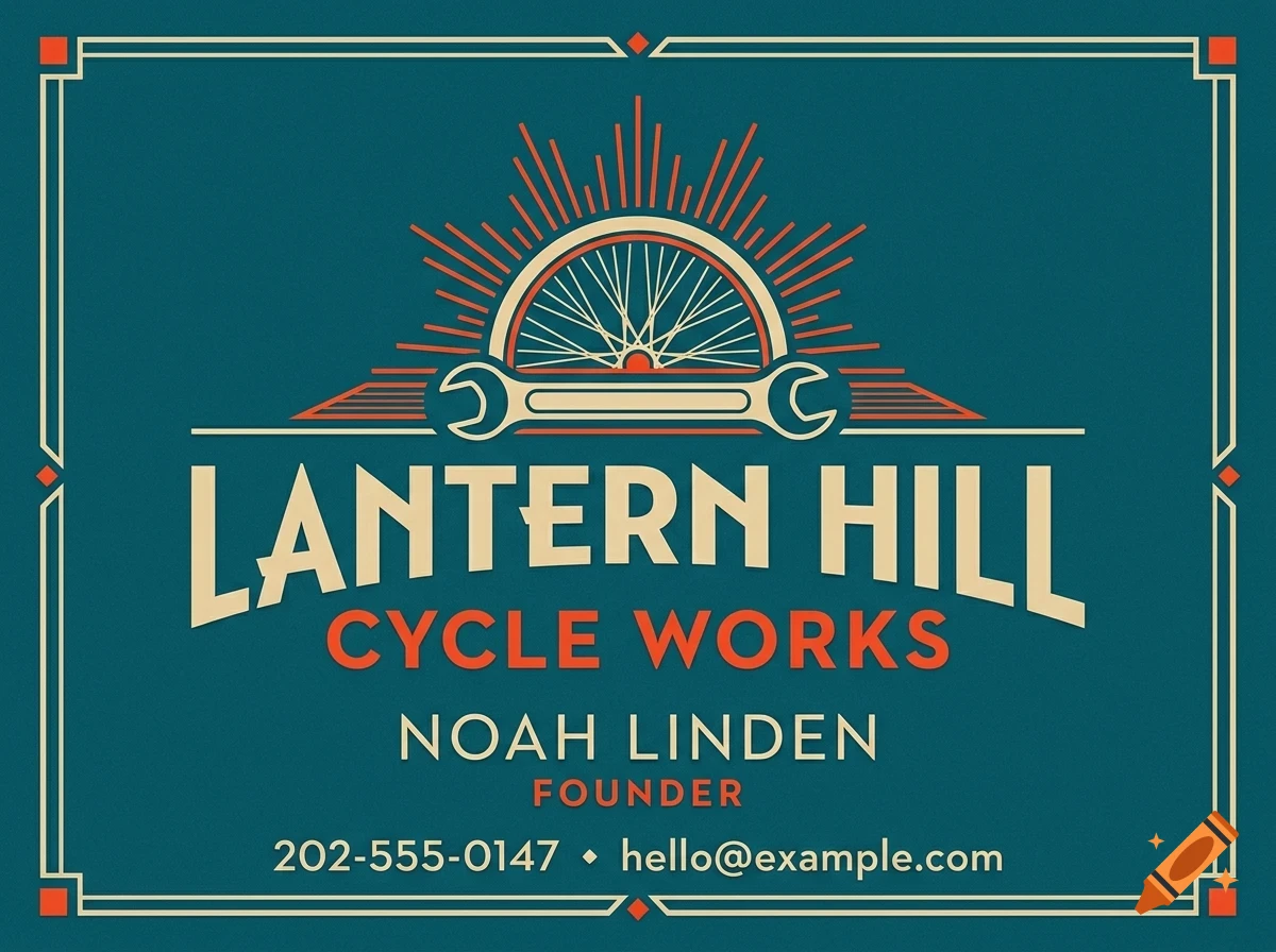 A vintage business card design for Lantern Hill Cycle Works with a bicycle wheel, wrench, and sunburst graphic.