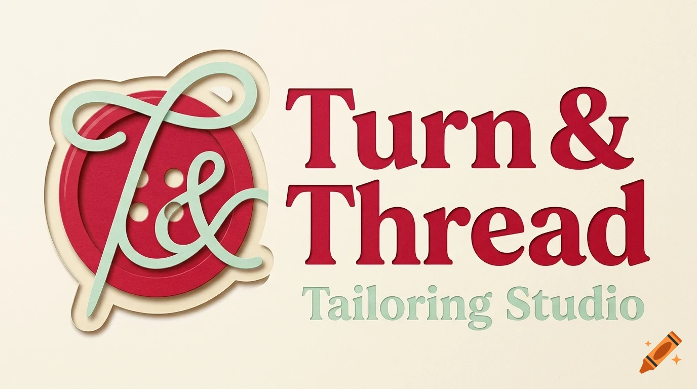 A logo design with the text 'Turn & Thread Tailoring Studio' and a red button icon with decorative script lettering.
