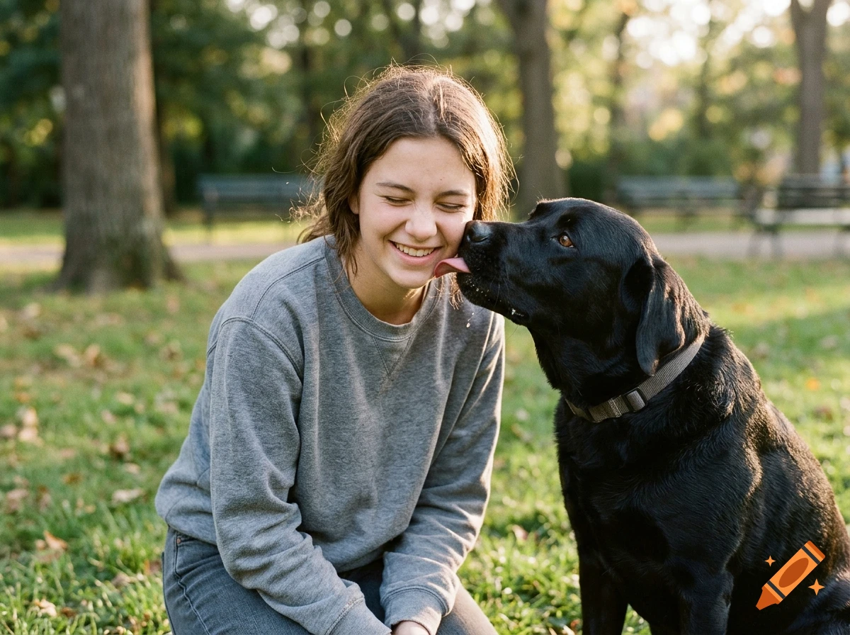 Photorealistic image of a teenage girl smiling as a black labrador dog licks her face in a park.