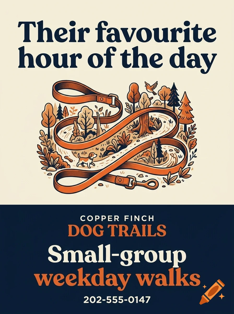 An illustrated poster for Copper Finch Dog Trails, featuring a curving dog leash forming a path through a wooded landscape with a dog and bird.