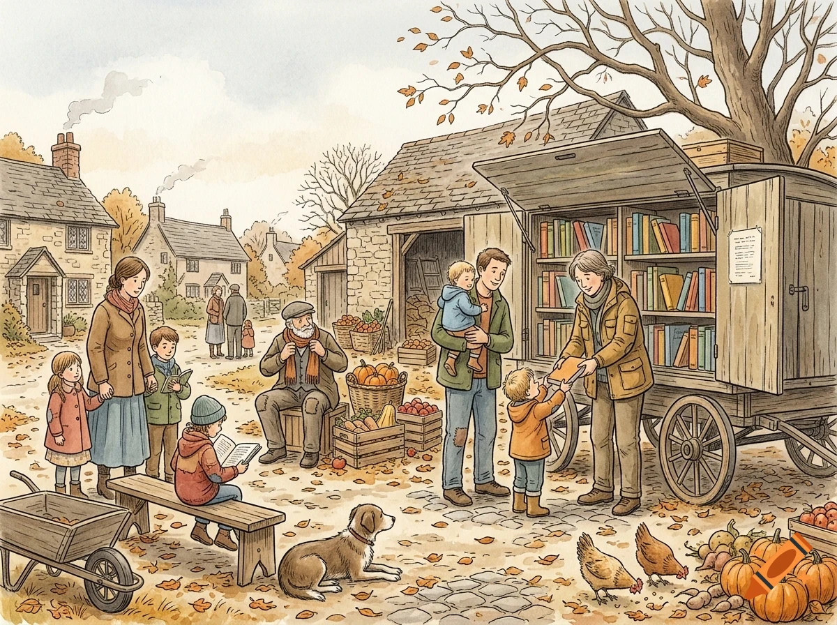 An illustrated village square with people interacting around a mobile book cart, a dog, chickens, pumpkins, and rustic houses.