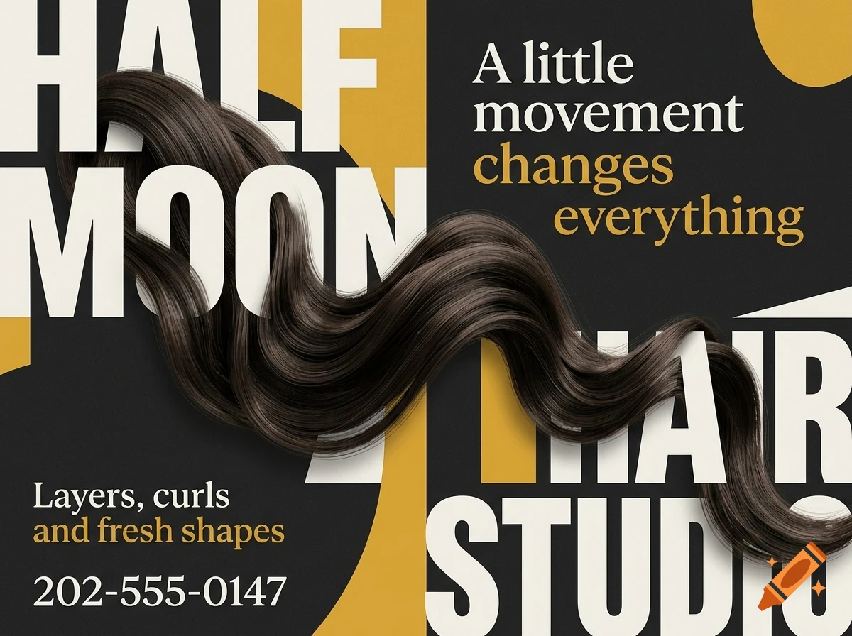 An advertisement for Half Moon Hair Studio featuring wavy brown hair against a black and yellow background with bold typography.