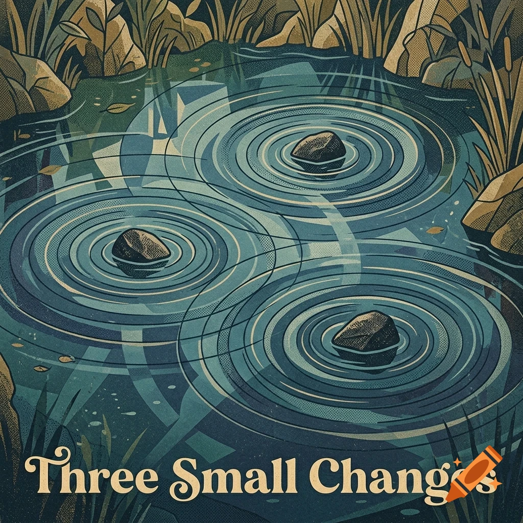 An illustration of three stones creating ripples in a pond, with the text Three Small Changes at the bottom.