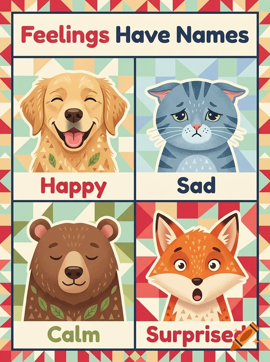 An educational poster titled Feelings Have Names featuring four animals depicting different emotions: a happy dog, a sad cat, a calm bear, and a surprised fox.