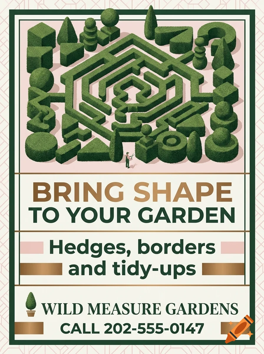 An illustrated poster for Wild Measure Gardens featuring a top-down view of a sculpted hedge maze and various geometric bushes, with text reading BRING SHAPE TO YOUR GARDEN.