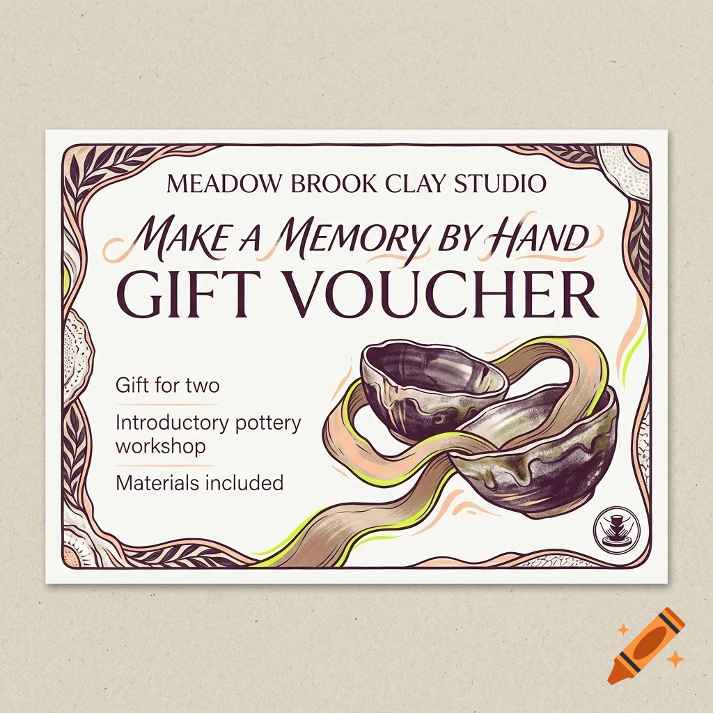 A gift voucher design for Meadow Brook Clay Studio featuring pottery bowls and decorative lettering.
