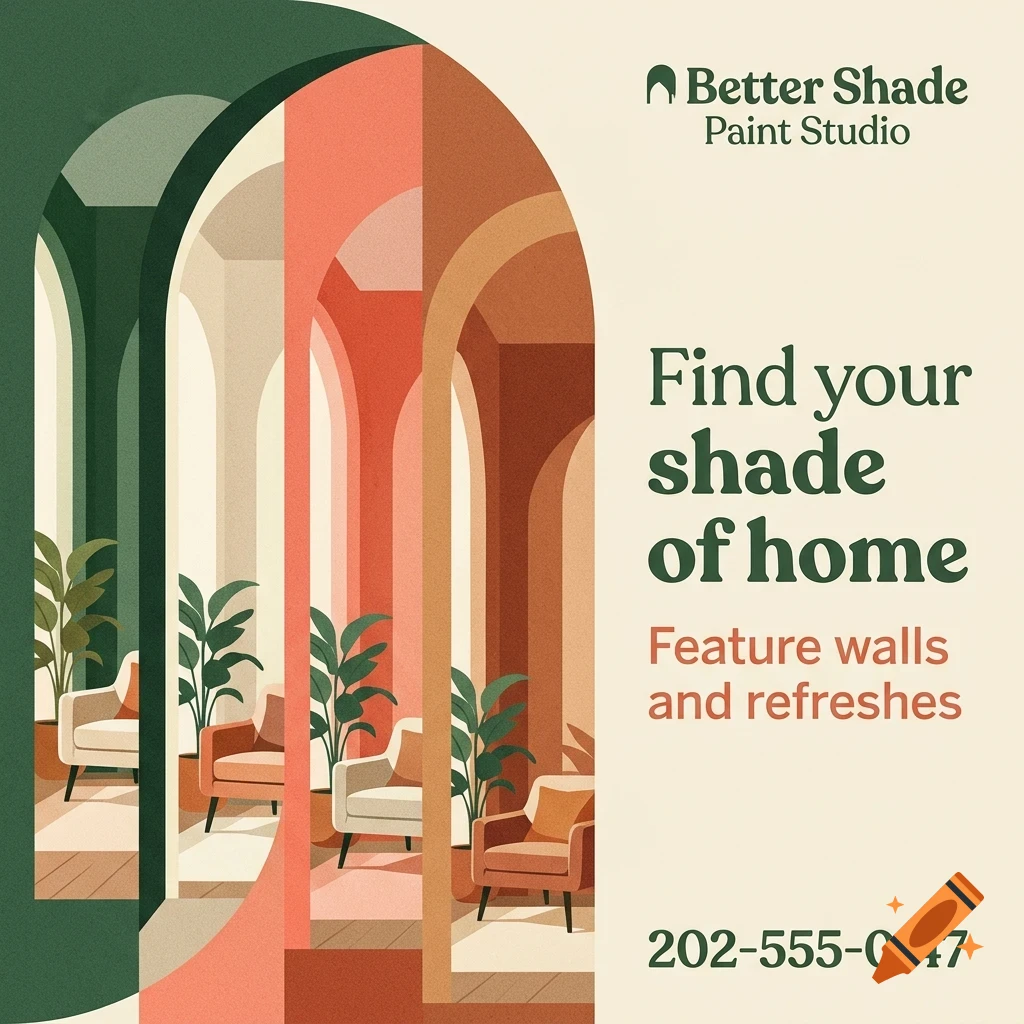 An illustrated advertisement showing nested arched doorways revealing colorful painted interior rooms with armchairs and plants.