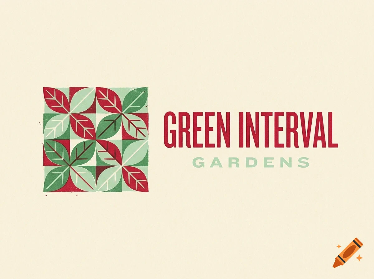 A logo featuring a square geometric pattern of red and green leaves next to the text Green Interval Gardens.