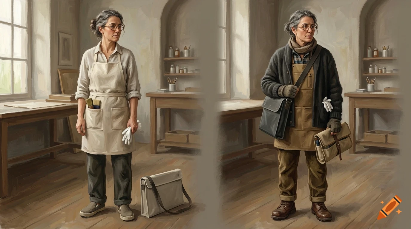 Character design concept showing a woman with grey hair and glasses in two different outfits inside a studio workspace.