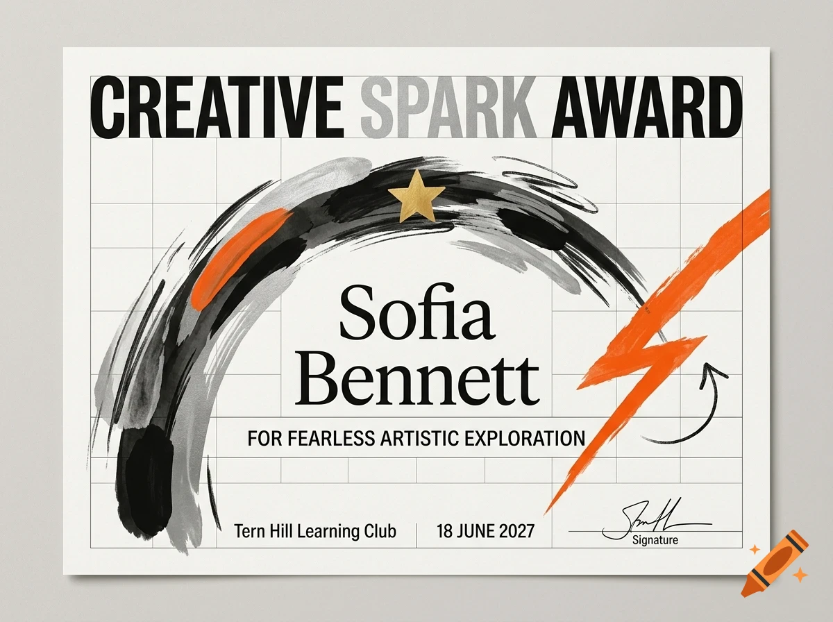 An award certificate reading CREATIVE SPARK AWARD for Sofia Bennett from Tern Hill Learning Club, featuring brush strokes and a gold star.