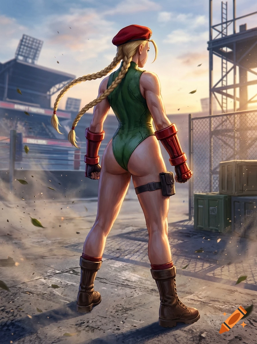 Rear view of Cammy from Street Fighter in a green leotard and red beret, standing in an industrial arena at sunset.