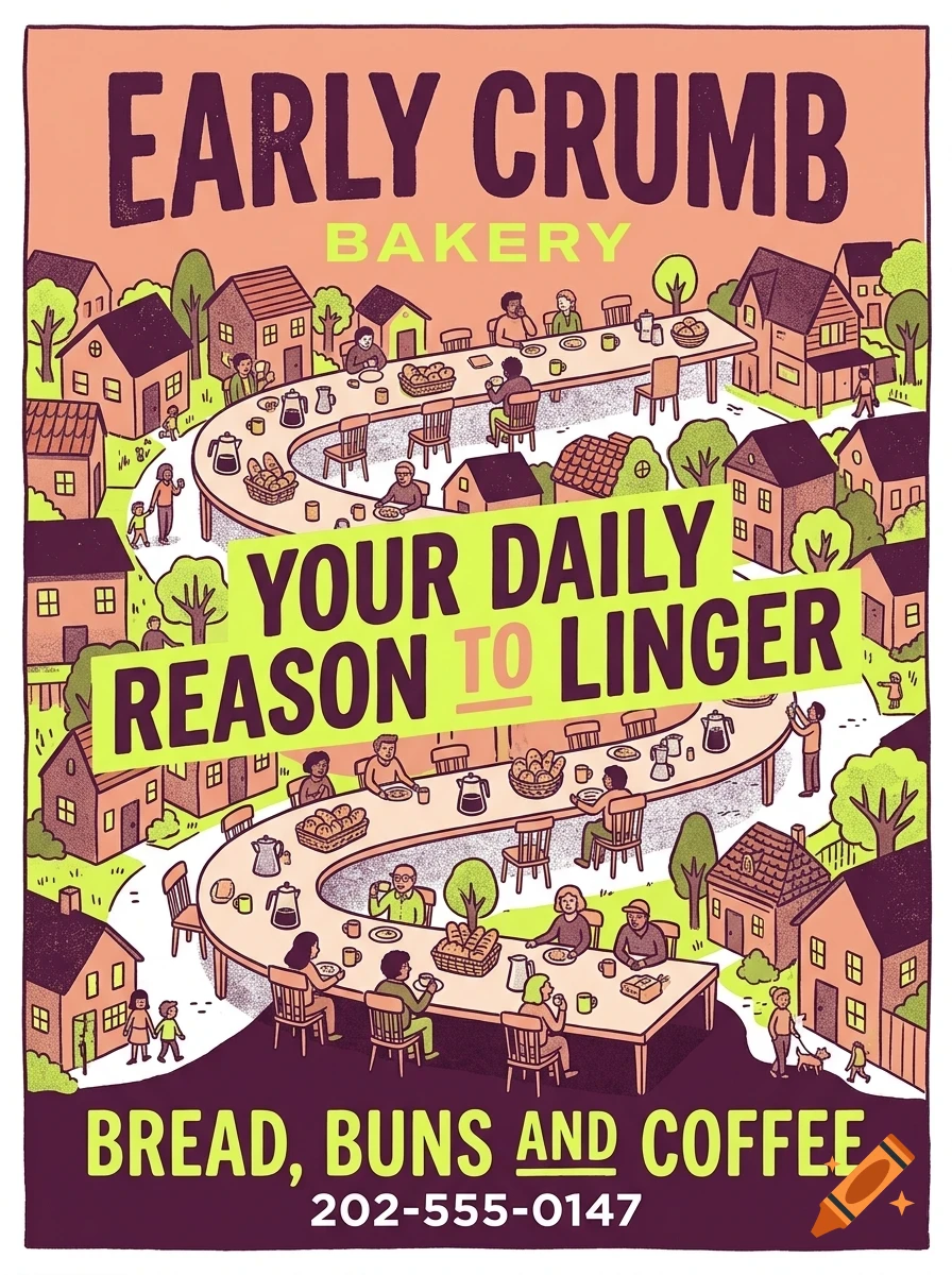 An illustrated poster for Early Crumb Bakery featuring a long winding table through a village with people eating and drinking, text reads Your daily reason to linger.