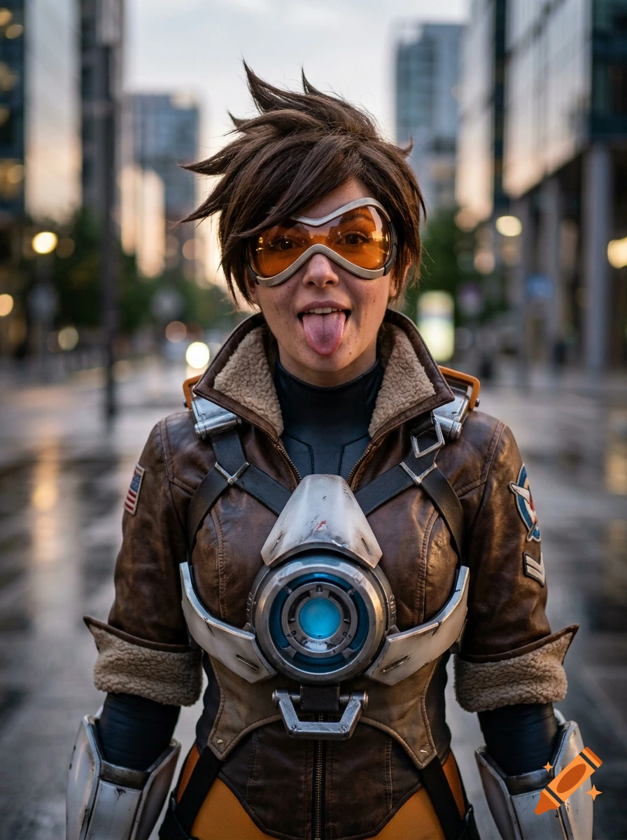 Photorealistic cosplay of Tracer from Overwatch standing in an urban street, sticking her tongue out.