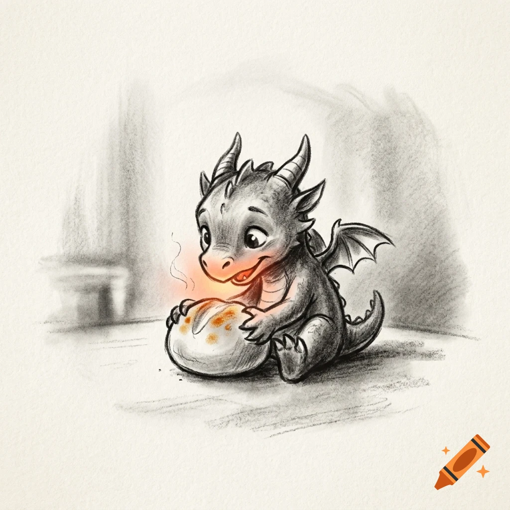 A pencil sketch of a cute baby dragon holding a warm, steaming loaf of bread with a glowing orange belly.