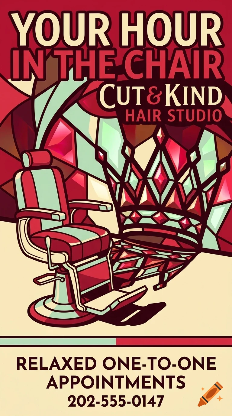 An illustrative poster for a hair studio featuring a barber chair and abstract stained glass pattern with bold lettering.