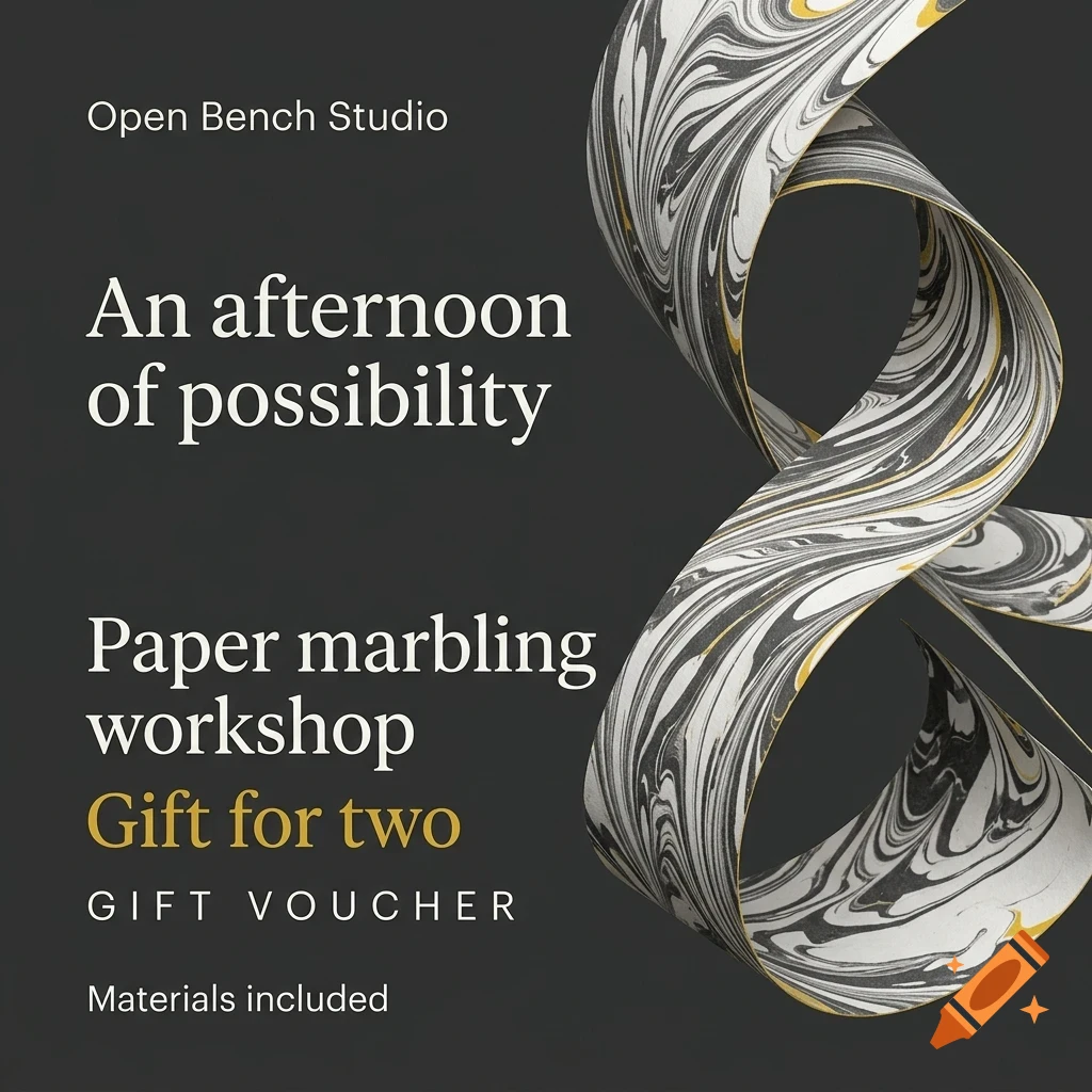 A dark promotional graphic featuring swirling marbled paper ribbon on the right and text advertising a paper marbling workshop on the left.