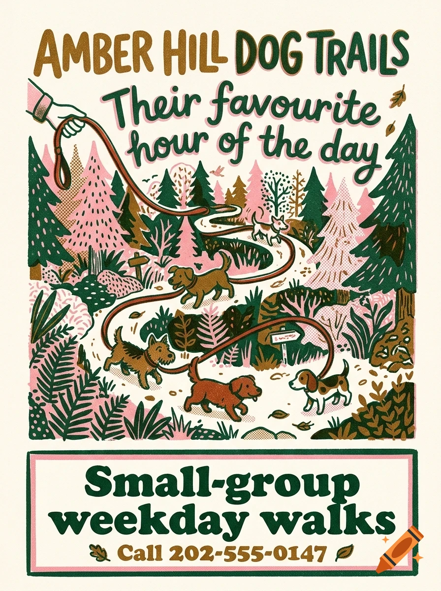 An illustrated poster advertising dog walks with multiple dogs walking on a winding trail through a forest with hand-lettered text.