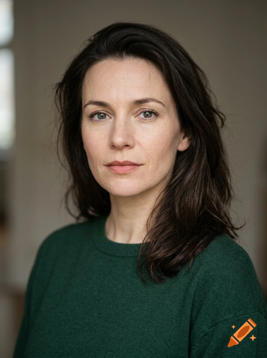Photorealistic head-and-shoulders portrait of an attractive woman in her 30s with dark hair and a green sweater.