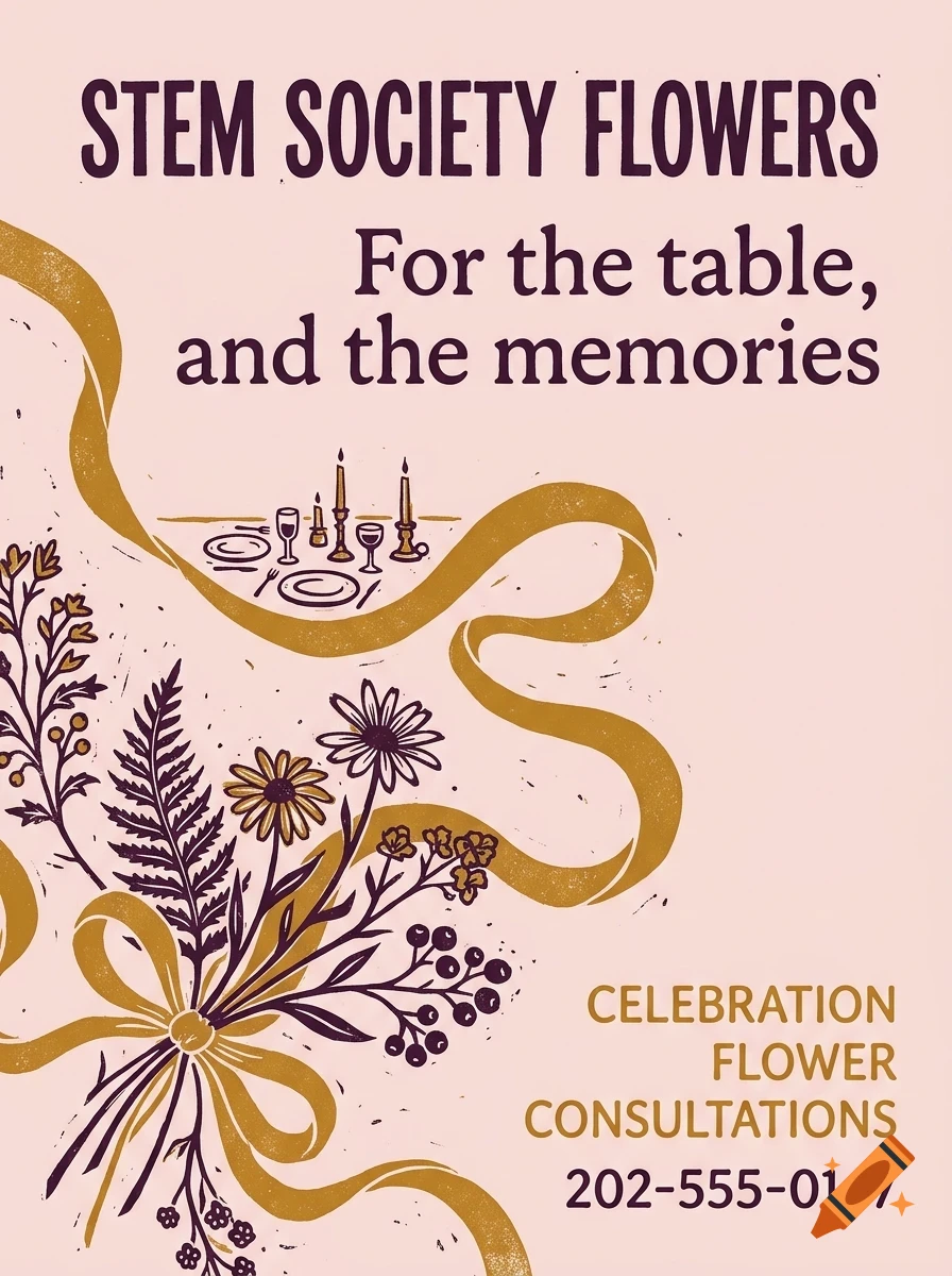 An illustration of flowers, ribbons, and text reading STEM SOCIETY FLOWERS on a light background.