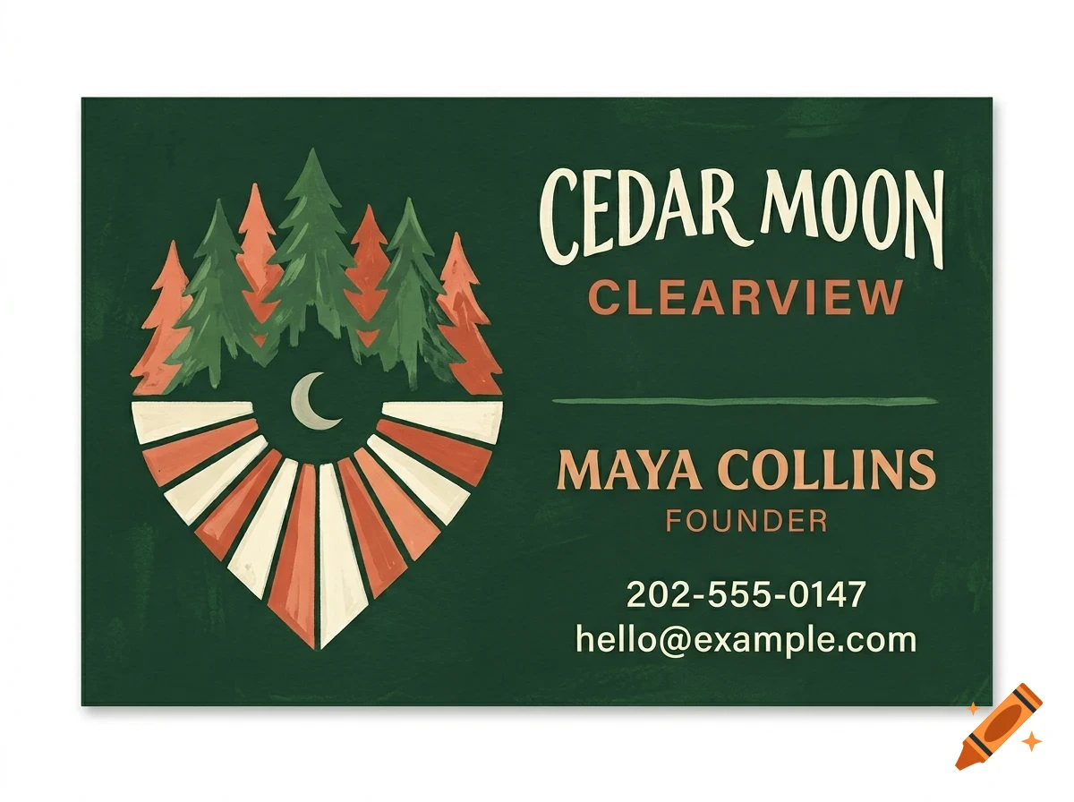 A business card with a dark green background featuring a graphic of pine trees and a crescent moon above radiating rays, along with text including Cedar Moon Clearview and Maya Collins Founder.