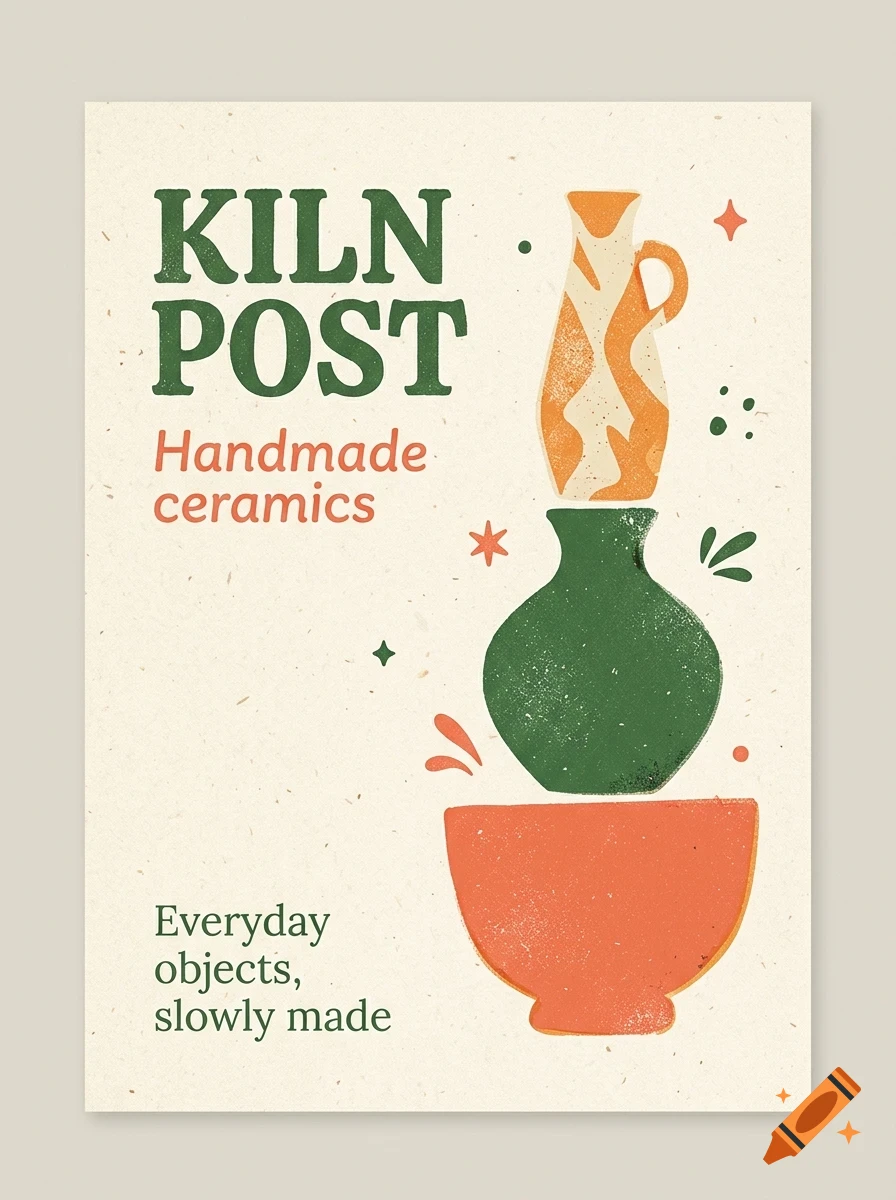 An illustrated poster for KILN POST featuring stacked ceramic pottery and text.