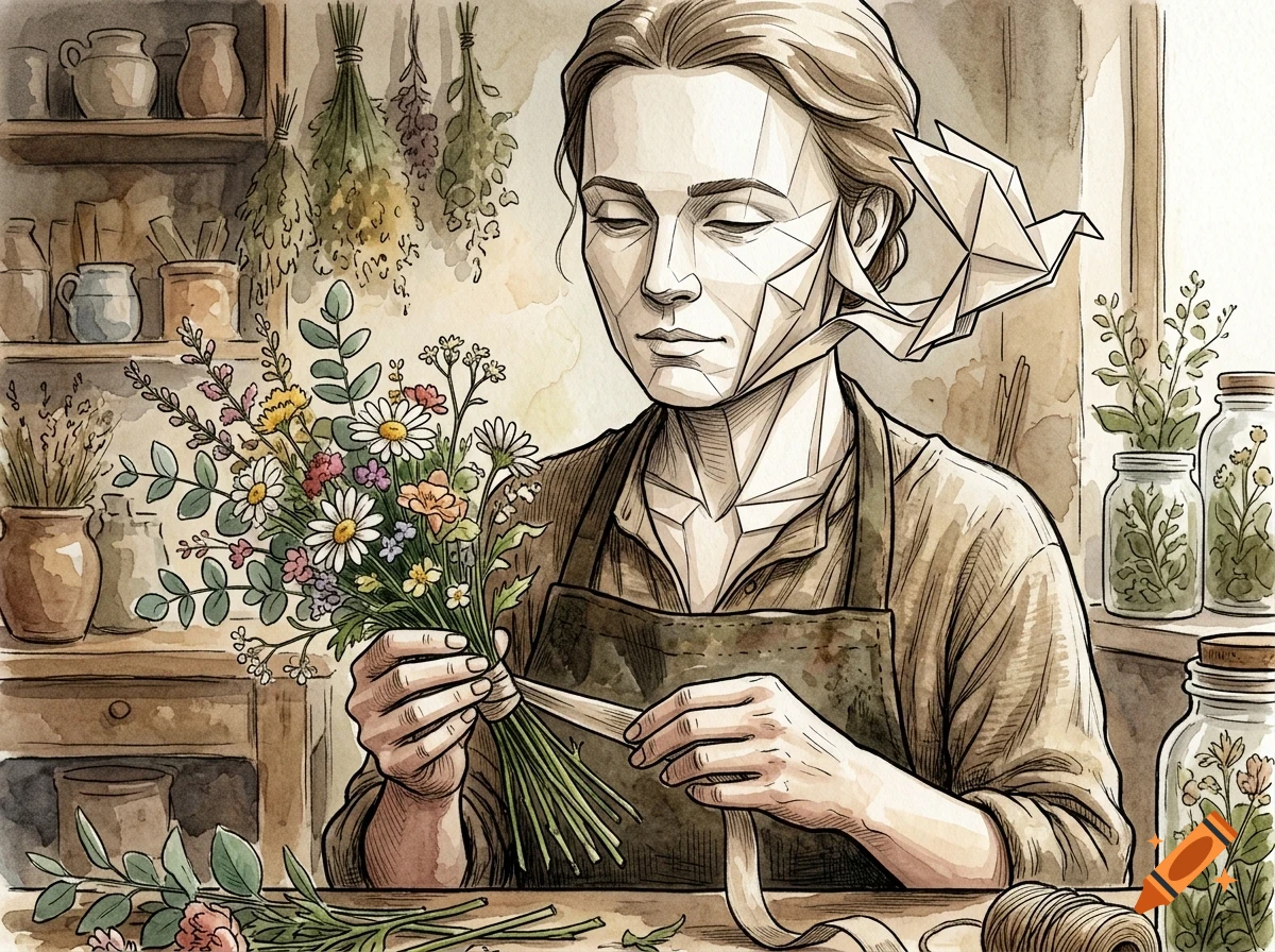 A woman in an apron tying a ribbon around a bouquet of wildflowers in a rustic shop, rendered in a watercolor and ink style.