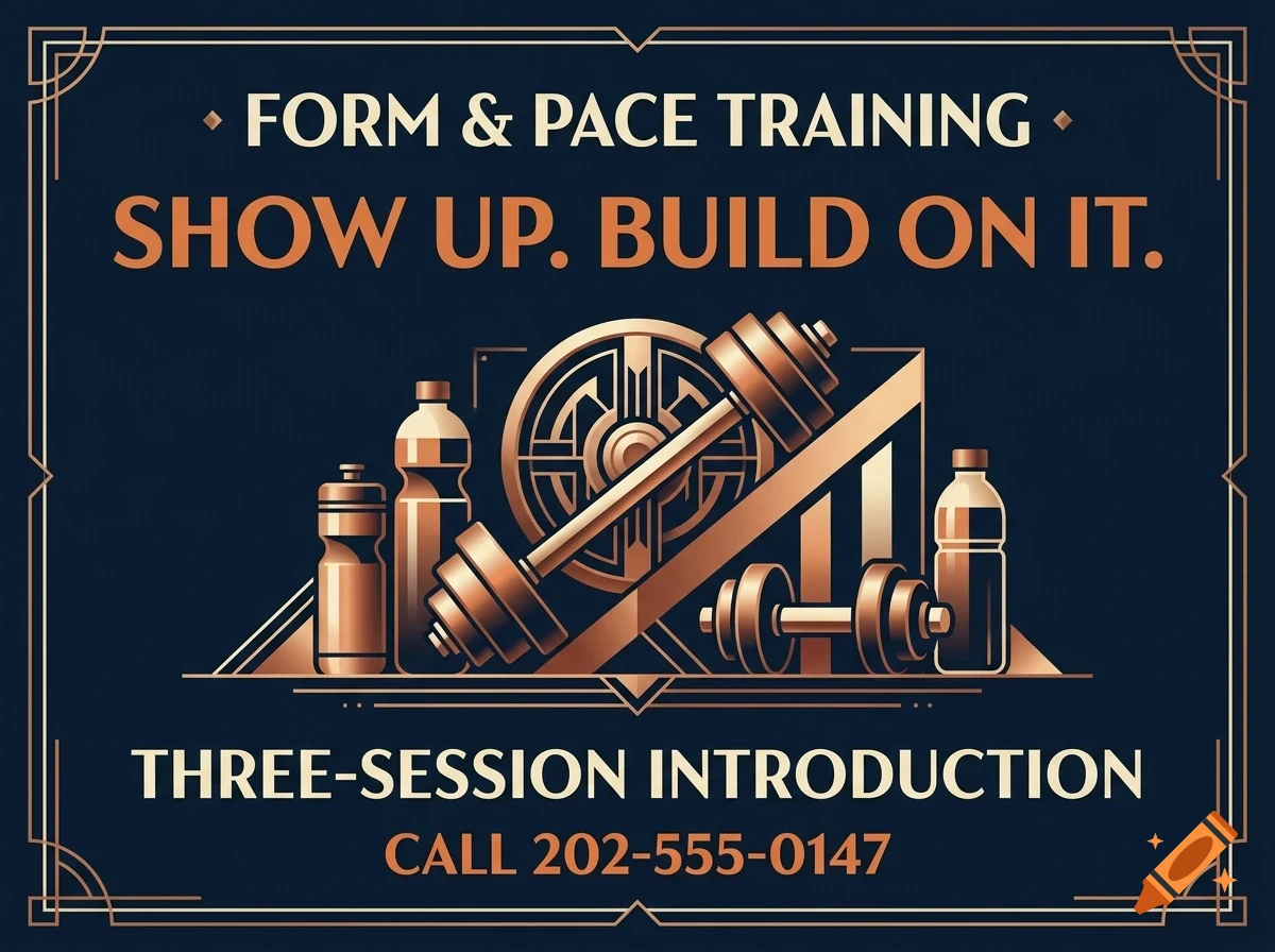 A poster with dark blue background, gold art deco framing, and fitness imagery including a barbell, dumbbells, water bottles, and text reading Form & Pace Training.
