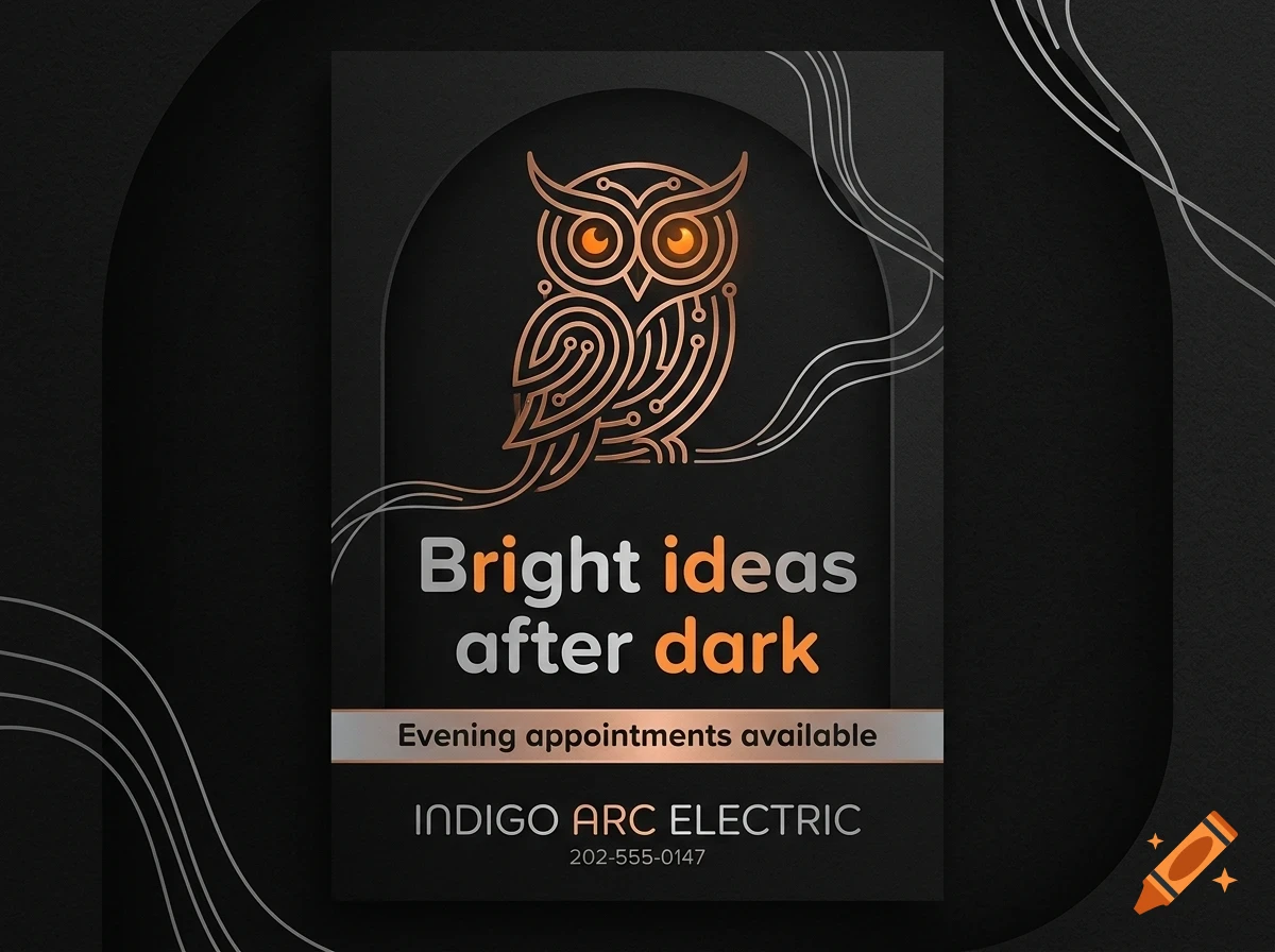 A dark flyer featuring a geometric, circuit-like owl illustration in bronze, with text reading Bright ideas after dark and Indigo Arc Electric.