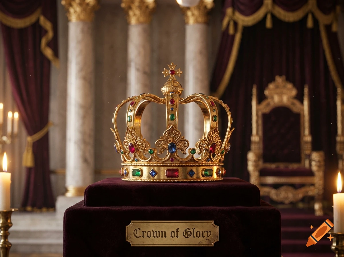 An ornate golden crown with jewels sits on a velvet pedestal in a grand hall with pillars and a throne, photorealistic.