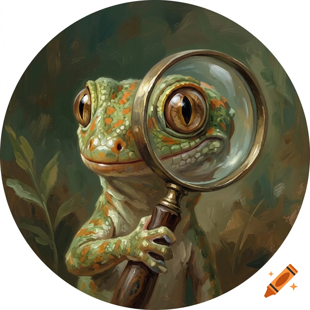 An oil painting of a green frog holding a magnifying glass up to its eye in a forest setting.