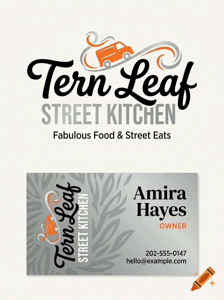 A business card design for Tern Leaf Street Kitchen, featuring an orange food truck icon, script lettering, and contact details.
